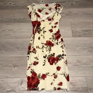 Vintage Y2K Rampage Ivory Red Floral Midi Dress Lace Up, Size M